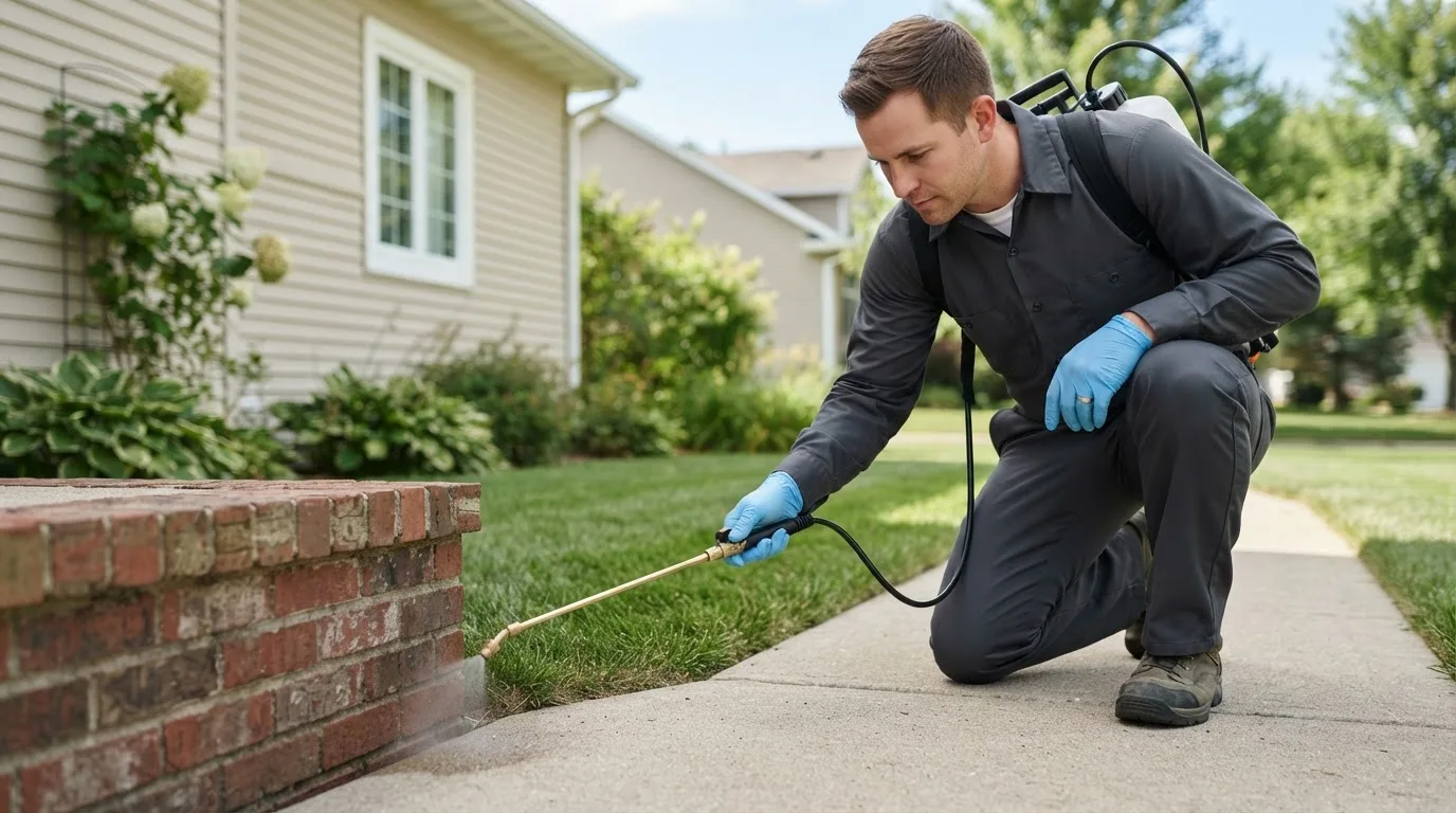 Pest control technician treating a home near Huletts Landing, NY